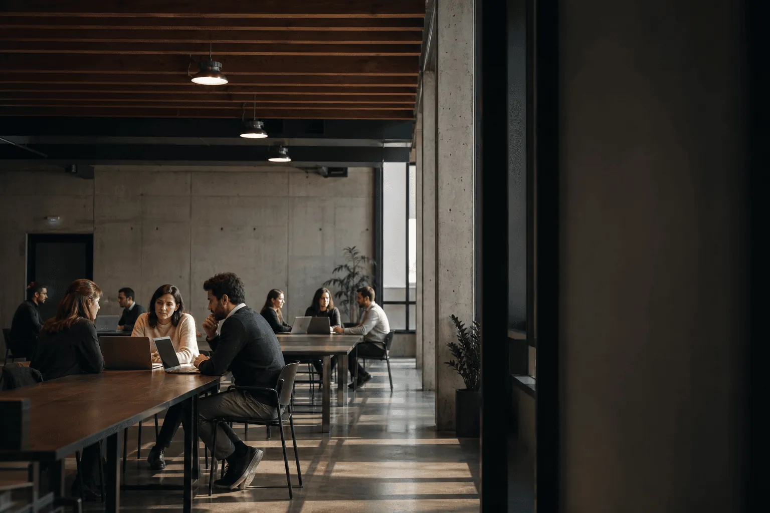 Profesionales trabajando con portátiles en un espacio de coworking