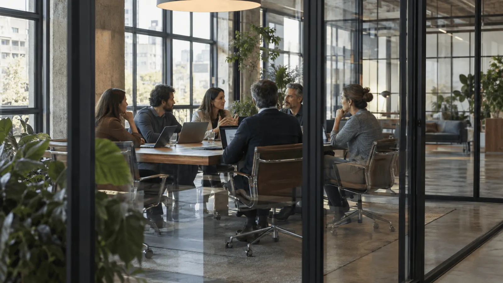 Profesionales reunidos en una sala acristalada